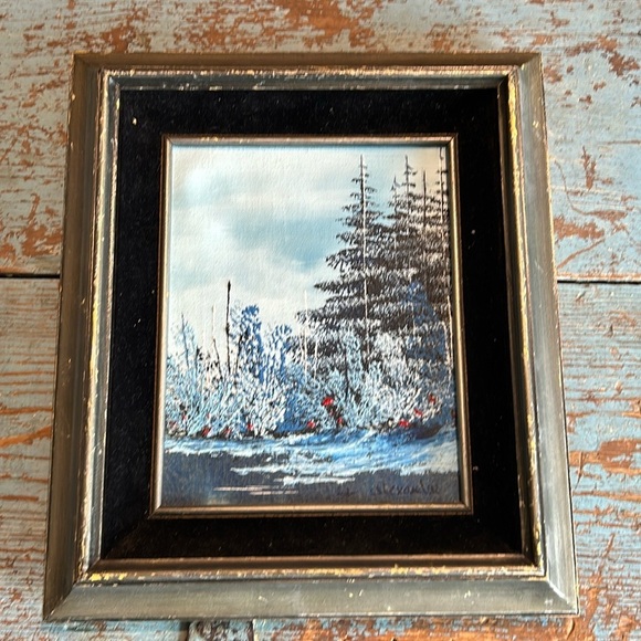 Vintage Hand painted winterscape Oil on canvas signed Alexander